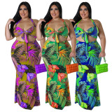 Plus Size Sexy Print Halter Tie Up Skirts Two Piece Set NNWF-7799