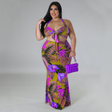 Plus Size Sexy Print Halter Tie Up Skirts Two Piece Set NNWF-7799