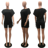 Solid Bat Sleeve Drawstring Top Shorts Set MAE-2158