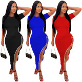 Short Sleeve One Side Zipper Long Dress TE-4601