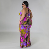 Plus Size Sexy Print Halter Tie Up Skirts Two Piece Set NNWF-7799