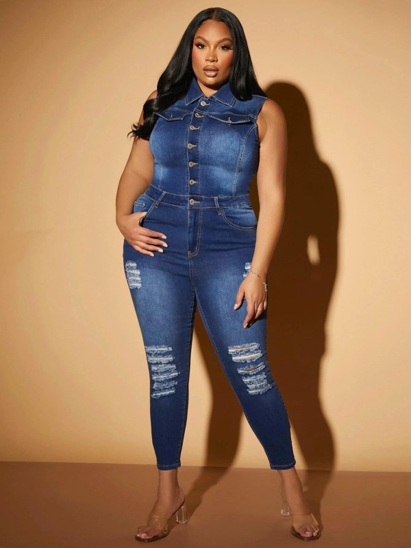 Casual Denim Sleeveless Button Jumpsuit LX-6951