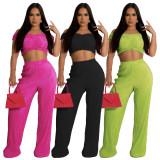 Solid One Shoulder Crop Tops And Wide Leg Pants Set WSM-5341