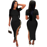 Short Sleeve One Side Zipper Long Dress TE-4601