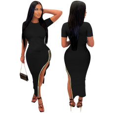 Short Sleeve One Side Zipper Long Dress TE-4601