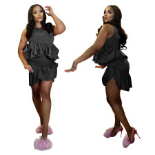 Solid Color Sleeveless Top Fungus Edge Skirt Two Piece Set YF-10436