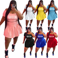 Plus Size Letter Crop Top Pleated Skirt Two Piece Set WAF-7426246