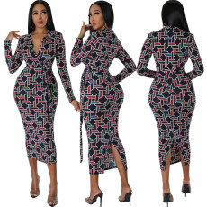 Sexy Fashion Print V-neck Long Sleeve Midi Dress SMR-11955