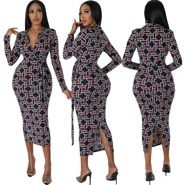 Sexy Fashion Print V-neck Long Sleeve Midi Dress SMR-11955