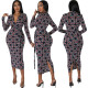 Sexy Fashion Print V-neck Long Sleeve Midi Dress SMR-11955