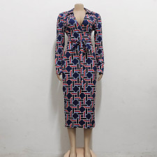 Sexy Fashion Print V-neck Long Sleeve Midi Dress SMR-11955