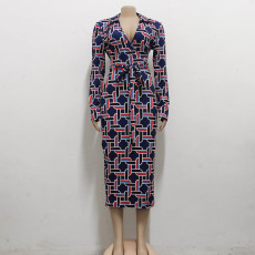 Sexy Fashion Print V-neck Long Sleeve Midi Dress SMR-11955