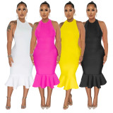Solid Color Halter Midi Dress YF-10425