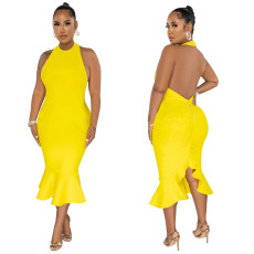 Solid Color Halter Midi Dress YF-10425