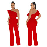 Solid Color Ruffled Jumpsuit With Belt YF-10423