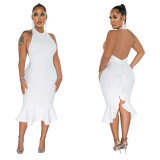 Solid Color Halter Midi Dress YF-10425