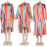 Plus Size Colorful Stripe Long Sleeve Midi Dress NY-10259