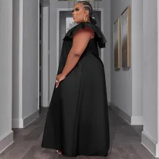 Plus Size Large Ruffle V-neck Patchwork Big Swing Dress TE-4611