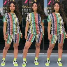 Plus Size Print Short Sleeve Sport Two Piece Shorts Set TE-4581