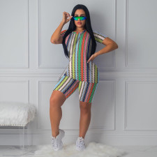 Plus Size Print Short Sleeve Sport Two Piece Shorts Set TE-4581