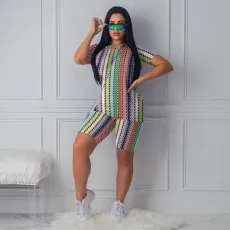 Plus Size Print Short Sleeve Sport Two Piece Shorts Set TE-4581