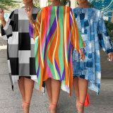 Plus Size Colorful Stripe Long Sleeve Midi Dress NY-10259