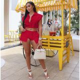 Button Lapel Sleeveless Top And Shorts Two Piece Sets IV-8380