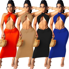 Fashion Sexy Solid Color Halter Top Long Skirt Two Piece Set WY-86784