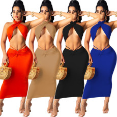 Fashion Sexy Solid Color Halter Top Long Skirt Two Piece Set WY-86784