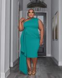 Plus Size Solid Sleeveless Oblique Shoulder Dress MOF-8922