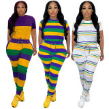 Striped Printed Short Sleeve Pants Two Piece Set TE-4603
