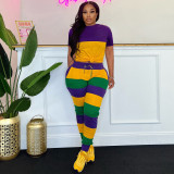 Striped Printed Short Sleeve Pants Two Piece Set TE-4603