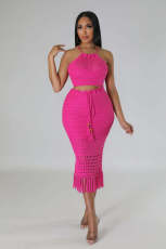 Tassel Fishnet Knitted Casual Two Piece Skits Set OSM-4387