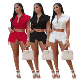 Button Lapel Sleeveless Top And Shorts Two Piece Sets IV-8380