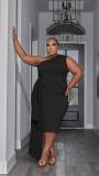 Plus Size Solid Sleeveless Oblique Shoulder Dress MOF-8922