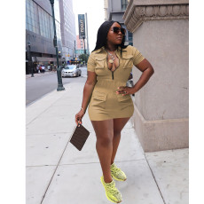 Fashion Zip Pocket Solid Color Mini Dress FOSF-8348