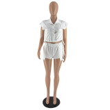Button Lapel Sleeveless Top And Shorts Two Piece Sets IV-8380