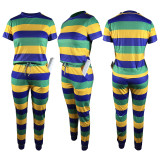 Striped Printed Short Sleeve Pants Two Piece Set TE-4603
