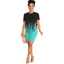 Fashion Gradient Tie Dye Print Short Sleeve Shorts Two Piece Set WY-86674