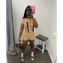 Fashion Zip Short Sleeve Shorts Two Piece Set FOSF-8345