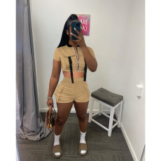 Fashion Zip Short Sleeve Shorts Two Piece Set FOSF-8345
