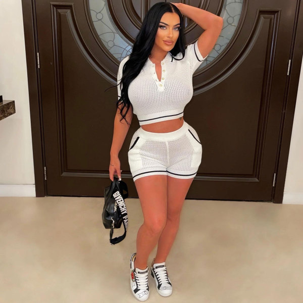 Short Sleeve Slim Sweater Two Piece Short Set NY-091