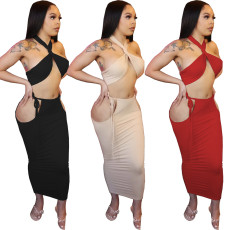 Sexy Solid Halter Top Hollow Long Skirt Two Piece Set WY-86774