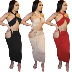 Sexy Solid Halter Top Hollow Long Skirt Two Piece Set WY-86774