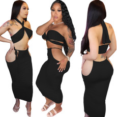 Sexy Solid Halter Top Hollow Long Skirt Two Piece Set WY-86774