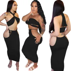 Sexy Solid Halter Top Hollow Long Skirt Two Piece Set WY-86774