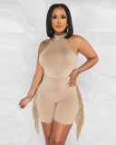 Solid Sleeveless Bodysuit And Tassel Shorts Sport Set BS-1339