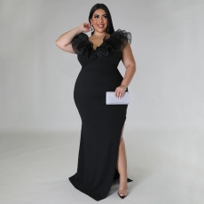 Plus Size Solid Color Slim Split Even Dress NNWF-7801