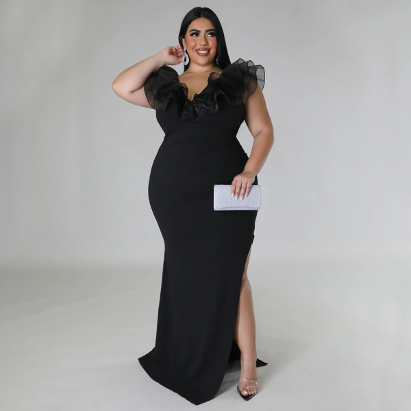 Plus Size Solid Color Slim Split Even Dress NNWF-7801