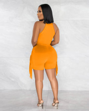 Solid Sleeveless Bodysuit And Tassel Shorts Sport Set BS-1339